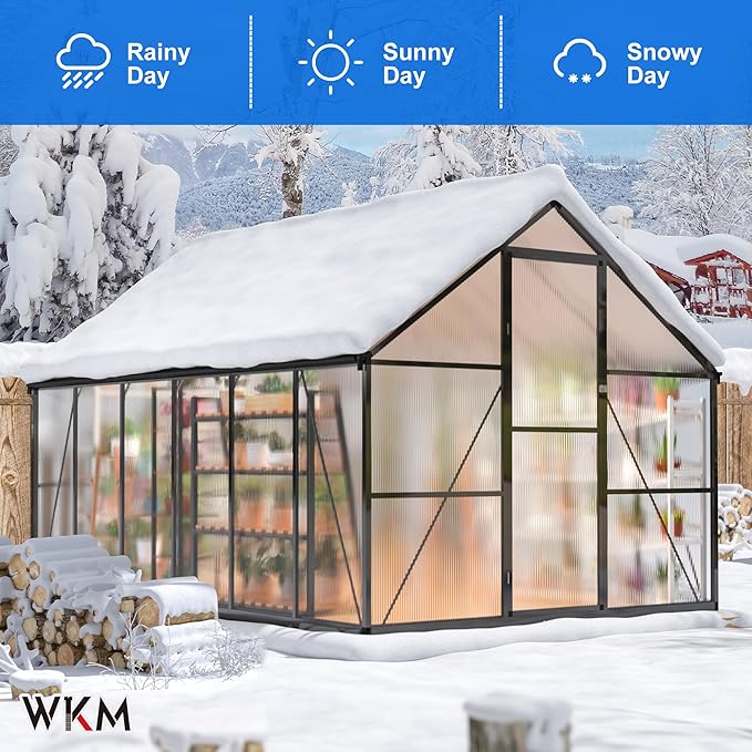 WKM 8x12 FT Greenhouse for Outdoors, Quick-fit Structure Polycarbonate Green House with Window for Ventilation, Walk-in Aluminum Greenhouse for Outside Garden Backyard, Black