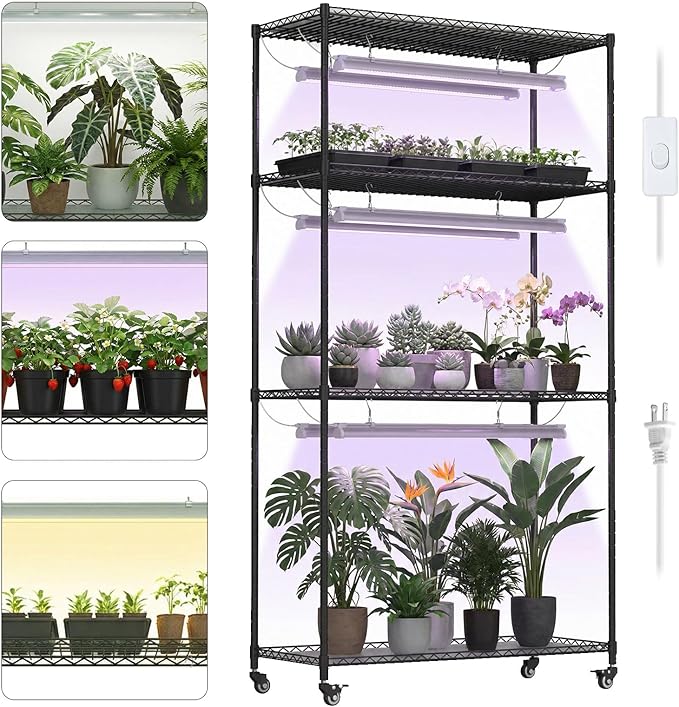 Plant Stand with Grow Lights, 4-Tier Plant Shelf, 6 Sets 3-Color LED Grow Light with Timer, Wide Plant Rack for Indoor Gardening, Seed Starting, Herbs & Flowers, 36" W x 14" D x 63" H