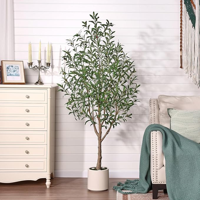 Verinatural Olive Trees Artificial Indoor 6FT - Realistic Fake Plants with Remote LED Spotlights, White Planter - Faux Olive Tree for Home Living Room Office Floor Bedroom Decor,VN214