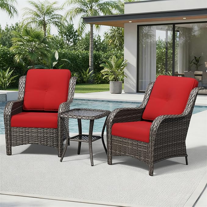 Joyside 3 Piece Wicker Patio Furniture Set, Rattan Patio Chairs with High Back, Deep Seating, Wide Armrest, Thickened Cushions, Outdoor Furniture for Deck, Porch Use