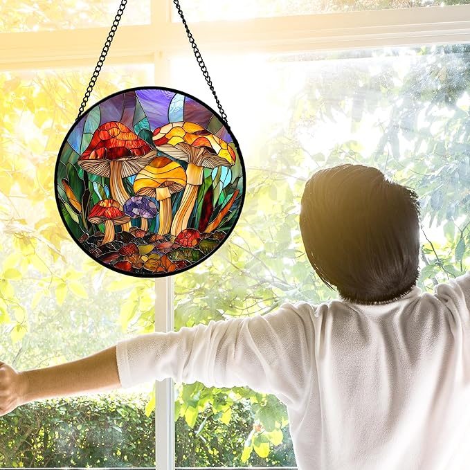 DASTOLL Stained Glass Window Hanging, Jungle Mushrooms Sun Catchers Diamond Glass Panel Hangings Plant Suncatcher Decor for Birthday for Women,Men, Wife, Aunt,and Mom 6.3X6.3 in