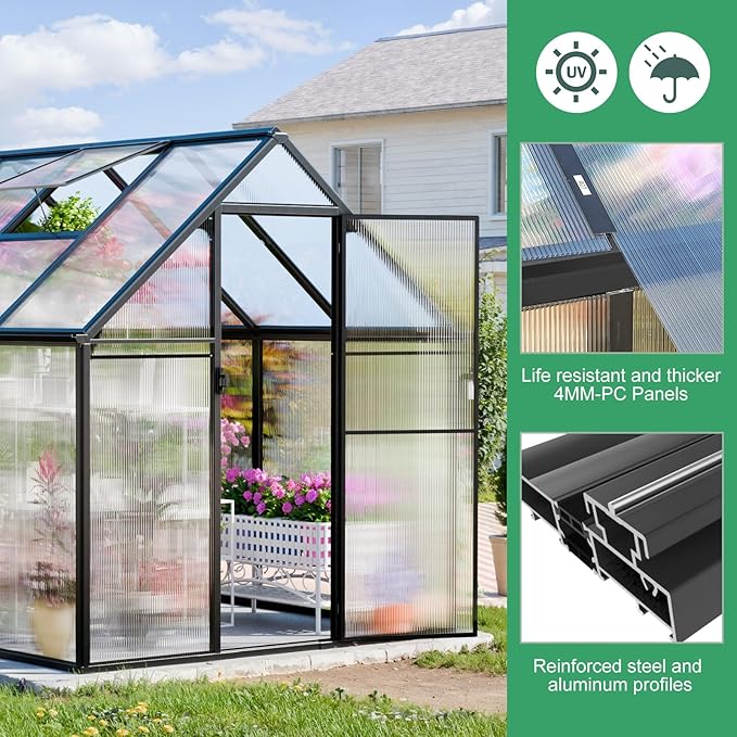 CDCASA Polycarbonate Greenhouse, 8.2x6.2 FT Easy Assembly Aluminum Heavy Duty Greenhouses for Outdoors w/ Window, Swing Door, Walk-in Green House for Sunroom,Outside, Backyard, Garden, Black