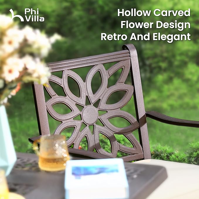 PHI VILLA Cast Aluminum Outdoor Patio Dining Chairs, Extra Wide Armrest Stable Chairs with Seat Cushion, Casting Aluminum Back for All Weather, Set of 4