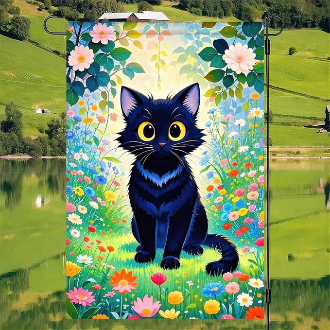 Spring Garden Flags 12x18 Double Sided Spring Garden Flags For Outside Decor Black Cat with Colorful Flowers Backdrop Seasonal Outdoor Decoration Springs Banner For Home