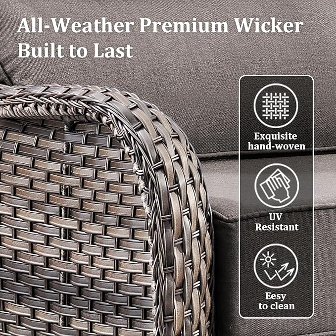 Luxury Outdoor Swivel Rocker Patio Chairs Set of 5, High Back Swivel Patio Chairs with Side Table & 6" Thick Cushions, Ottomans, Wicker Outdoor Bistro Set for Porch, Yard, Deck, Poolside, Grey