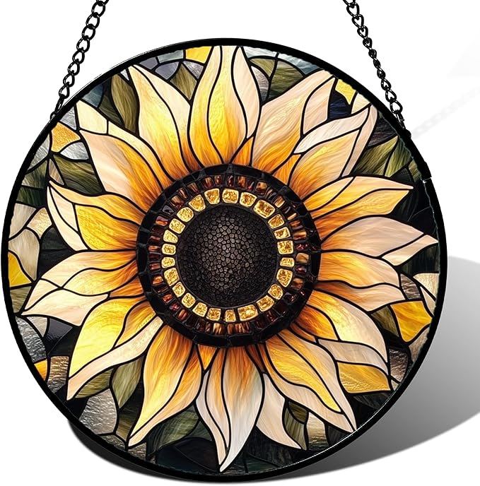 Stained Glass Window Hanging - Sunflower Suncatcher for Door Garden Patio Retro Flower Sun Catchers Decor Christmas Mother's Day Birthday Gifts for Women Mom Nana Friend Wife 7.8 in