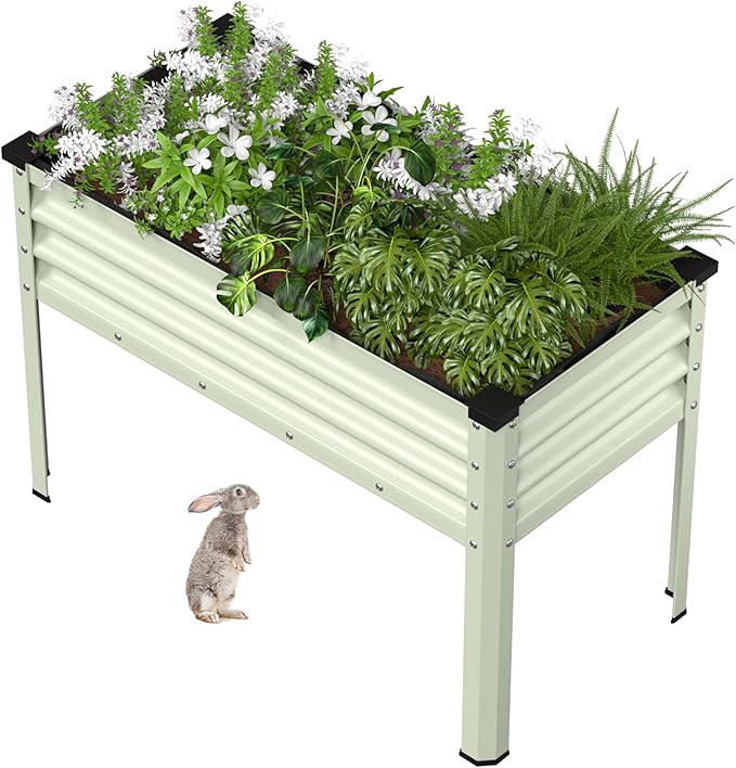 BlueWish 48" W x 24" D x 32" H Raised Garden Bed, Garden Bed with Detachable Black Liner, Drainage Gaps, Galvanized Raised Garden Beds Outdoor 7.5 Cubic Feet, Gardening, Vegetable, Flower, Beige