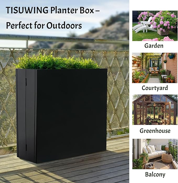 TISUWING Metal Planter Box, No Installation Galvanized Steel Folding Rectangular Planter with Drainage Holes, 35.5"x 10"x 28" Black Outdoor Planter for Porch/Patio/Garden