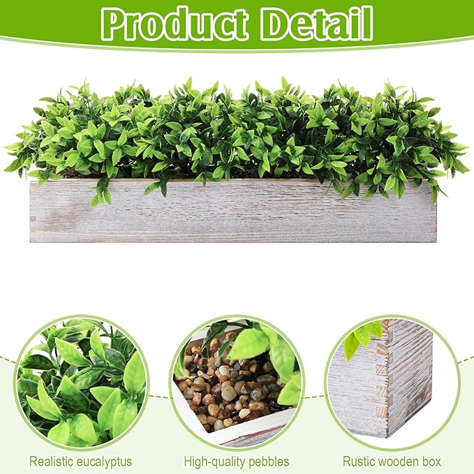 Lyrow 2 Pack Artificial Eucalyptus Plant in Rectangular Rustic Wooden Planter Box Faux Potted Herb Plant Table Centerpiece for Kitchen Windowsill Shelf Decor (White,24 '')