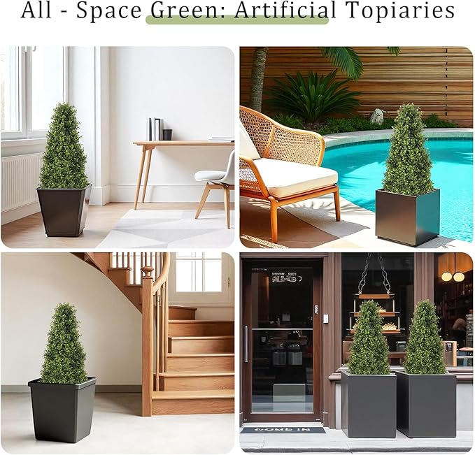 Azoco 3ft Artificial Boxwood Topiary Trees (Set of 2) - UV Resistant Faux Plants Outdoor, Realistic 36" Fake Cone Bushes and Shrubs for Front Porch, Planter, Patio - Low Maintenance & Evergreen