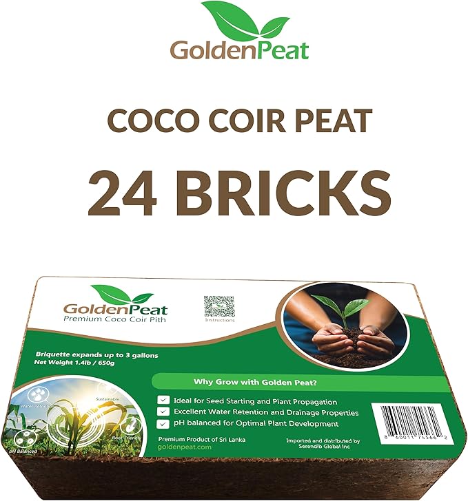 Organic Coconut Peat Bricks (650g X 24 Pack) – Low EC, Sustainable Growing Medium for Gardens, pots, and Seed Starters. Just add Water to Transform Each Brick into 8-10L of Fluffy Nutrient-Rich Coir