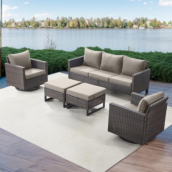 Rilyson Wicker Outdoor Patio Furniture Set - 5 Piece Patio Conversation Set with 2 Swivel Rocker Chairs,2 Rattan Ottoman and 1 Couch for Outside Porch Deck Backyard Garden(Brown/Grey)