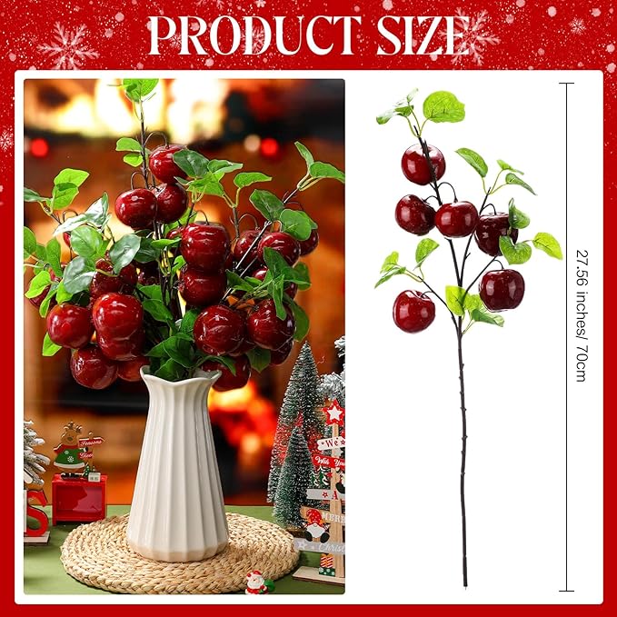 6 Pcs 27.56 Inches Artificial Fake Wine Red Apple Branches Christmas Decoration Realistic Apple Bouquets Tree Branch Fruit Plant for Home Office Vase Filler Shop Decoration