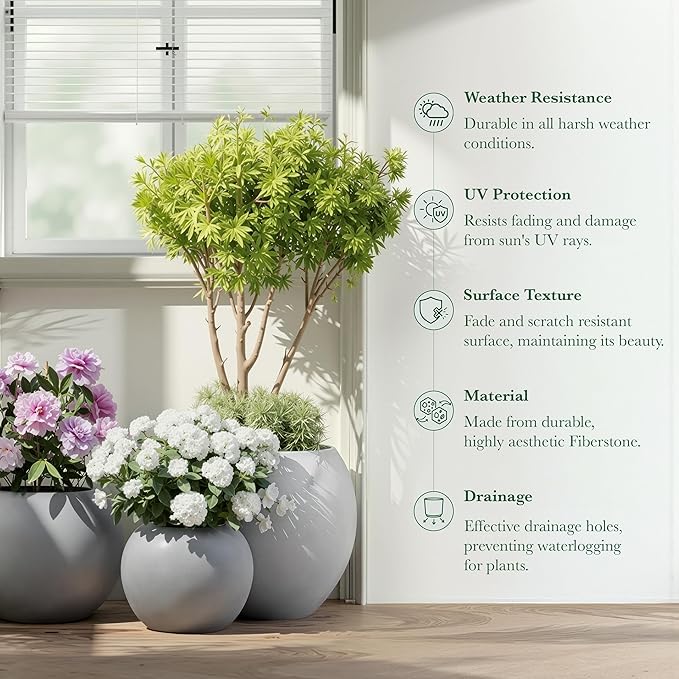 DTY Signature Mount Sherman 19.7''D x 21.7''H Modern Indoor Outdoor Fiberstone Sphere Planter, Durable Round Garden Pot, Weather Resistant, Drainage Hole & Rubber Plug - Large, Gray