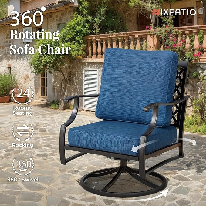 Swivel Patio Chairs Set of 2, High Back Outdoor Swivel Patio Metal Chairs with 5.75" Thick Cushions for Bistro Balcony Porch Deck and Yard, Peacock Blue