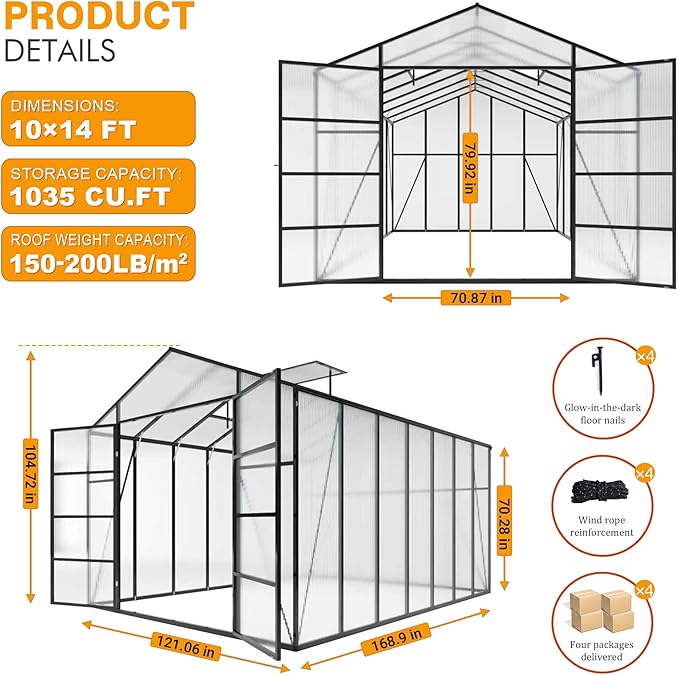 Greenhouse for Outdoors 10x14X8.7FT, Polycarbonate Greenhouses with Stronger Wind Protection and Roof Vent, Walk-in Large Aluminum Winter-Proof Sunroom, Black