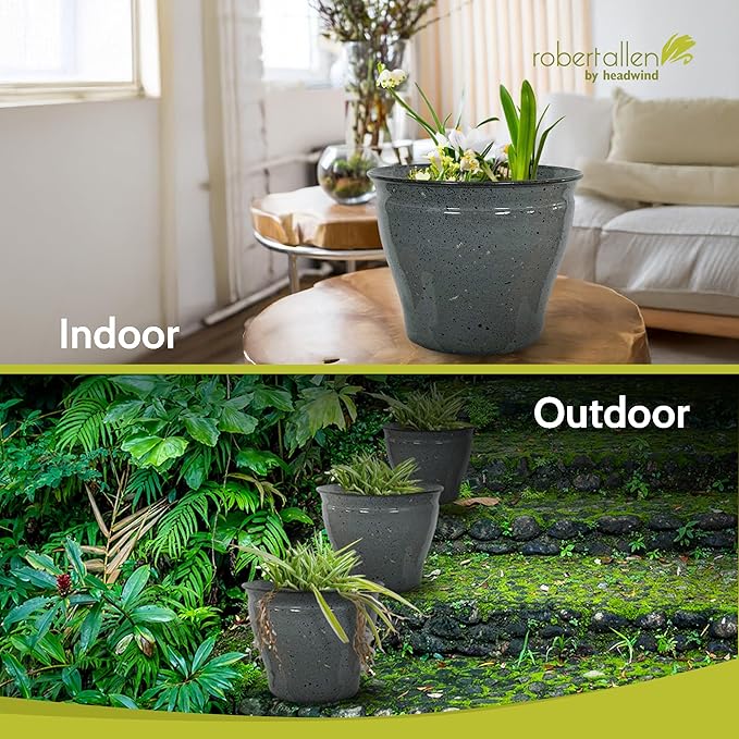 Headwind Riverside Collection – 12" Calcite Grey Glazed Decorative Plant Pots Indoor with Drainage & Outdoor - Modern Flower Pot Weather-Resistant Lightweight Planter by Robert Allen