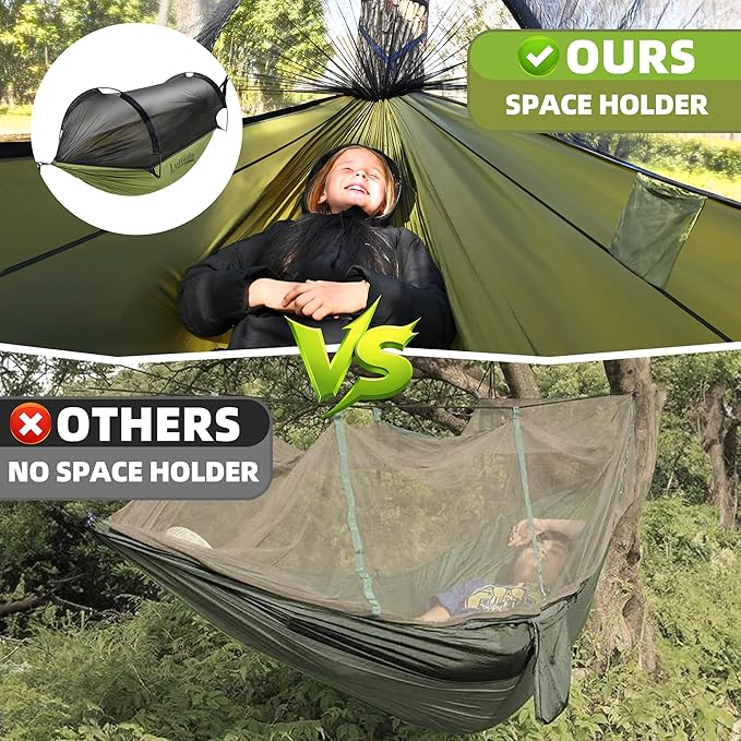 Lulladle Camping Hammock - Double and Single Hammock Portable with Tree Straps and with Mosquito Net，Nylon Hanging Hammock Easy Setup and Pack for Outdoor, Indoor, Hiking and Backyard