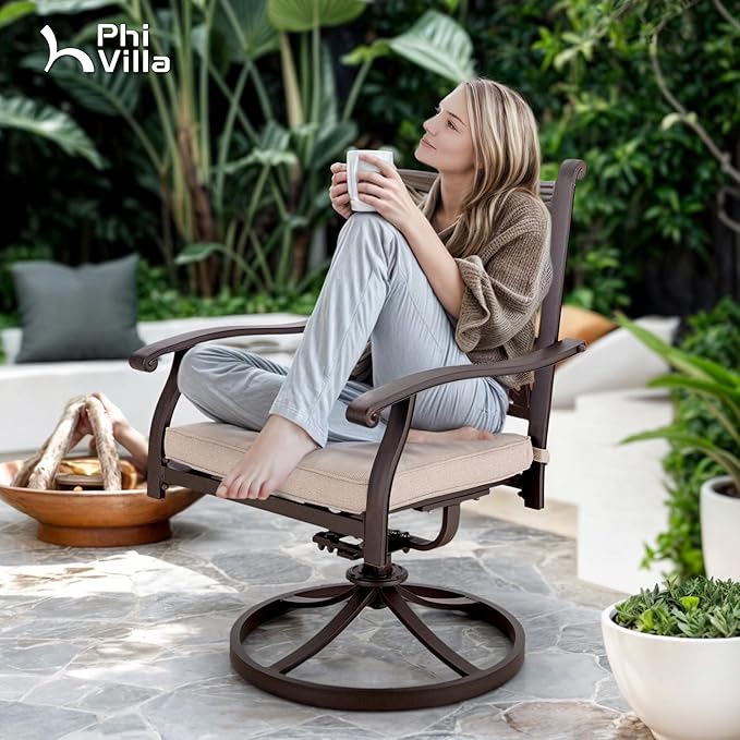 PHI VILLA Cast Aluminum Outdoor Patio Swivel Dining Chairs, Extra Wide Armrest Chairs with Seat Cushion, Casting Aluminum Back for All Weather, Set of 2