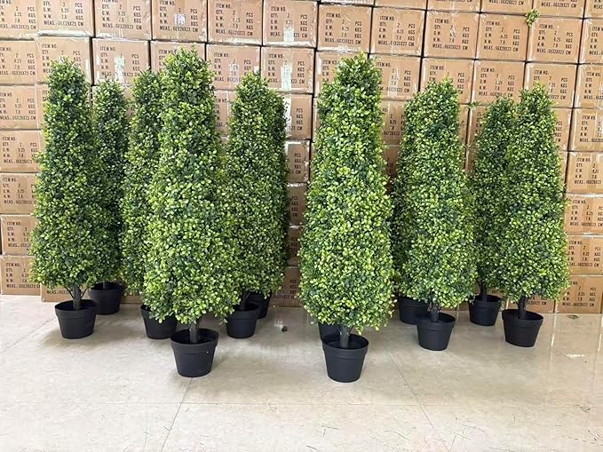 Azoco 4ft Artificial Boxwood Topiary Trees (Set of 2) - UV Resistant Faux Plants Outdoor, Realistic 48in Fake Potted Bushes and Shrubs for Front Porch, Planter, Patio - Low Maintenance & Evergreen