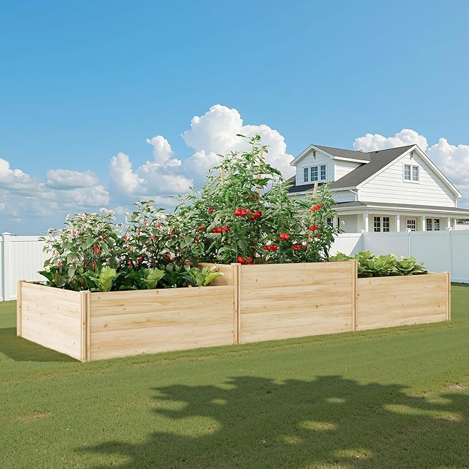 SPECRAFT 2 Tier Raised Garden Bed, 23 Inch Deep Fir Wood Planter Box with Mortise & Tenon Structure, 3-Section Open Base for Vegetables, Flowers & Herbs, Backyard, Garden & Patio, 142 x 49 x 24 in