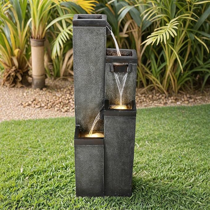 SunJet 4-Tier Modern Water Fountain, Indoor/Outdoor Resin Water Fountains with Soothing Water Sounds, Perfect for Garden, Patio, Home & Office, 12.5" L x 9.4" W x 39.3" H