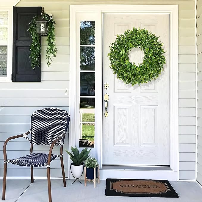 26 Inch Large Greenery Eucalyptus Boxwood Wreaths Artificial Easter Summer Spring Wreaths for Front Door Outdoor All Season Spring Decorations for Home Porch Room Window Wall Farmhouse Decor(Green)