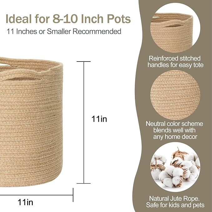 Woven Jute Plant Basket, Wicker Basket Planter for 10 inch Pot, Round Indoor Tree Pot Cover, Small Boho Storage Bin Organizer, Rustic Baskets for Plants and Home Decor, 11”X11”