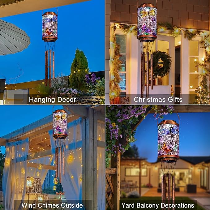 Dragonfly Solar Lights Wind Chimes for Outside, Garden Gifts for Mom Dad Solar Outdoor Lantern Metal Hanging Lights for Garden, Patio, Yard Decor, Mothers Day Birthday Gifts for Women (1Pack)