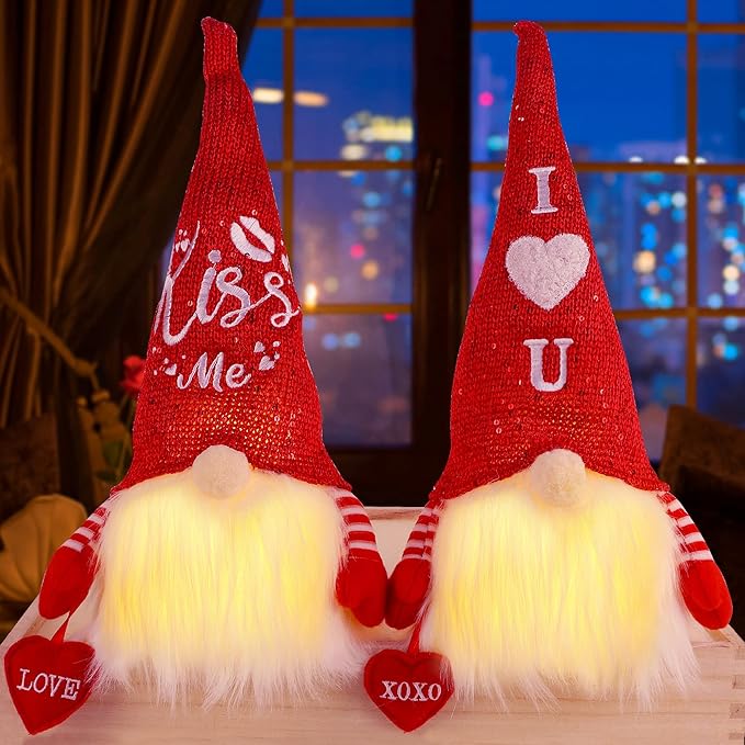 Juegoal 2 Pack Lighted Valentines Gnomes Decorations, 14.5 Inch Handmade Scandinavian Swedish Tomte, Light Up Elf Toy Holiday, Battery Operated Valentine Gift Tabletop Ornament