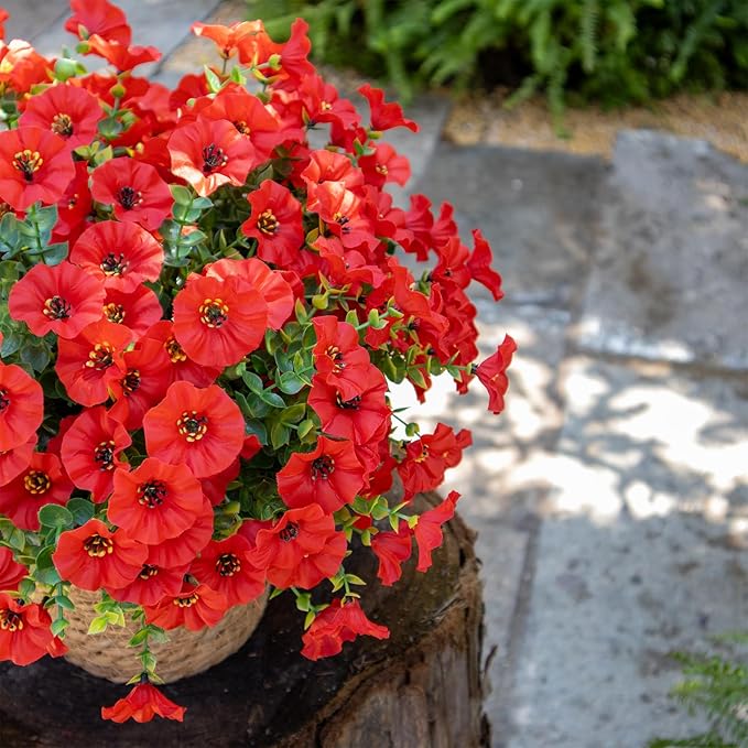 VDVST Artificial Flowers for Outdoors,UV Resistant Artificial Outdoor Flowers,Not-Fading Faux Flowers for Outdoor Planters for Front Door Porch Yard Patio Garden Home Decor,12 Bundles,Red