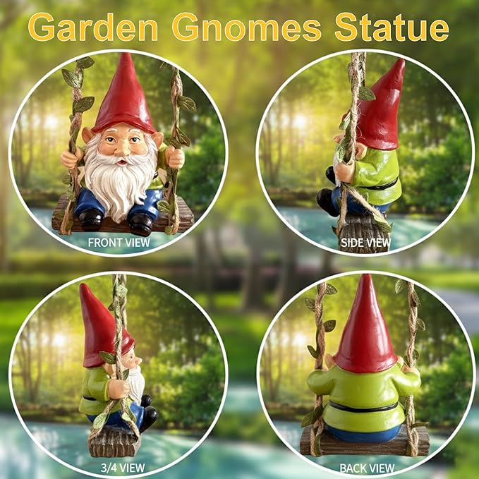 Garden Gnome on Swing Statue Decoration, Funny Resin Dwarf Sculpture for Lawn Patio Climbing Tree Decor Outdoor, Gifts for Mom Women and Man (Gnome-C)