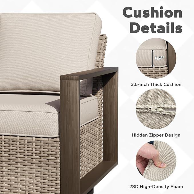 Joyside Outdoor Patio Swivel Rocker Chairs, 3 Pieces Wicker Furniture Set, 2 Swivel Rocking Chairs and 1 Table, Metal Wide Armrest, Thick Cushions and Deep Seating for Garden, Backyard, Porch, Deck