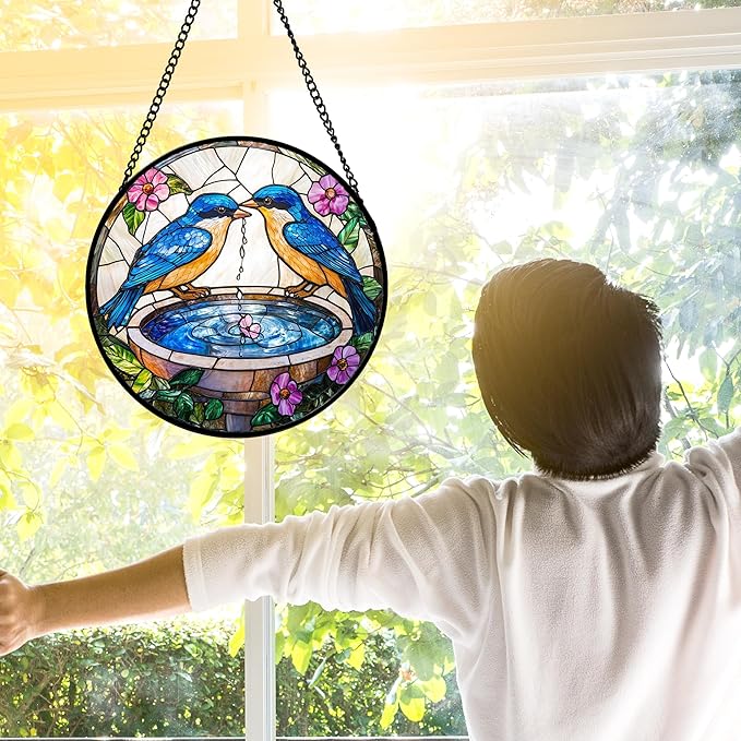 Stained Glass Window Hanging, 2 Blue Birds Suncatcher Diamond Glass Panel Hangings Bird Lover Sun Catchers Decor for Birthday for Women, Men, Wife, Aunt, and Mom 6.3 in