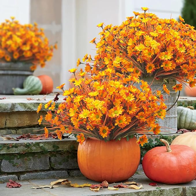 10 Bundles Artificial Flowers Outdoor Fake Fall Flowers for Outside Decoration UV Resistant Plastic Faux Plants for Garden Window Porch Balcony Fall Wedding Thanksgiving Decor