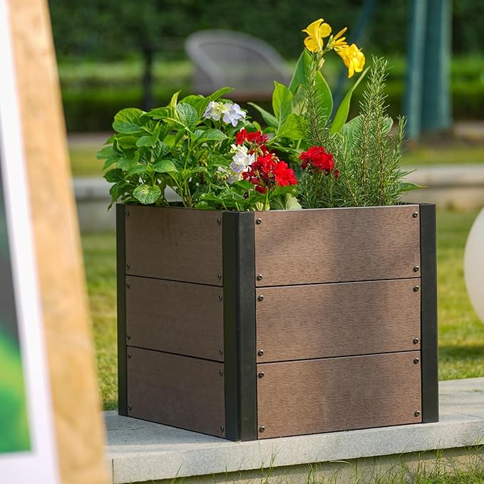 GarveeLife 19" x 19"x 17" Wood Look Raised Garden Bed Without Bottom, Outdoor Planter Box for Vegetables & Herbs, Durable Composite Deep Root Bed for Vegetables, Flowers in Backyard, Patio