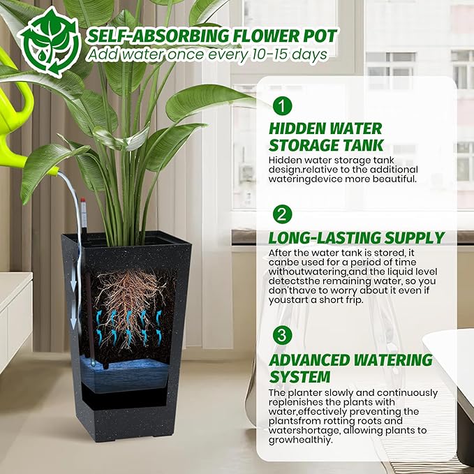 22.5" Tall Self Watering Planters Set of 2, Indoor Outdoor Plant Pots with Water Level Monitor & Drainage Holes, Automatic Watering System for Patio Garden Decor, Black