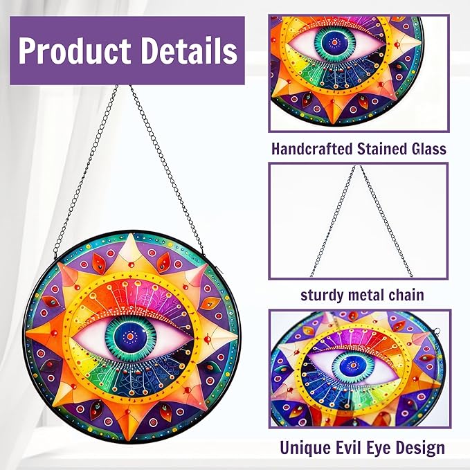 7.8'' Evil Eye Stained Glass Suncatcher,Stained Glass Window Hanging,for Indoor Outdoor Decor,for Women/Friends/Lover