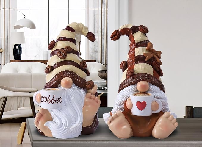 2PCS Coffee Gnomes Figurines Valentines Day Decorations Valentines Gifts Coffee Bar Accessories Decor Elfs Statue Cute Resin Housewarming Gifts for Women Tiered Tray Table Ornament,Sit 4.7H