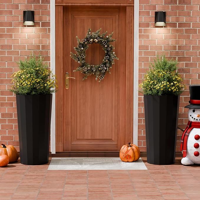 Diyfire 2PCS Tall Planters for Outdoor Plants, 23.6 Inches Large Outdoor Conical Flower Pots for Porch with Drainage Holes and Drainage Baffle, Tapered Large Planters for Garden, Balcony Use, Black