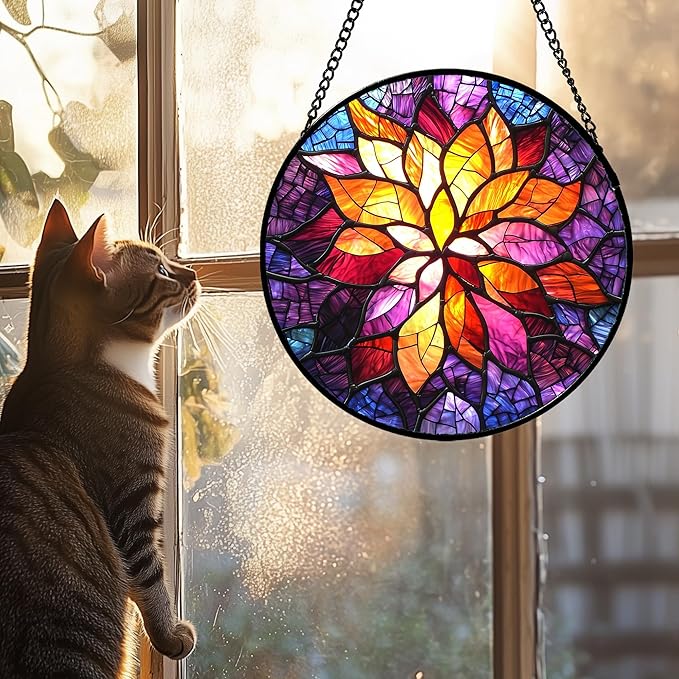 AMDERVEN Stained Glass Window Hanging, Fuchsia Abstract Flowers Suncatcher for Window Home Decor Orange Sun Catcher Mother's Day Birthday Gifts for Women Men Mom Nana 9.8 in