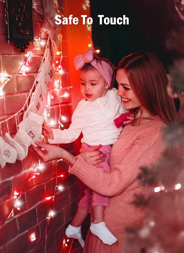 Minetom Christmas String Lights Battery Operated, 2 Pack Total 33FT 100 LED Battery Powered Fairy Lights with Timer, 8 Modes, Waterproof String Lights for Outside Indoor Bedroom Tree, Red & Pure White