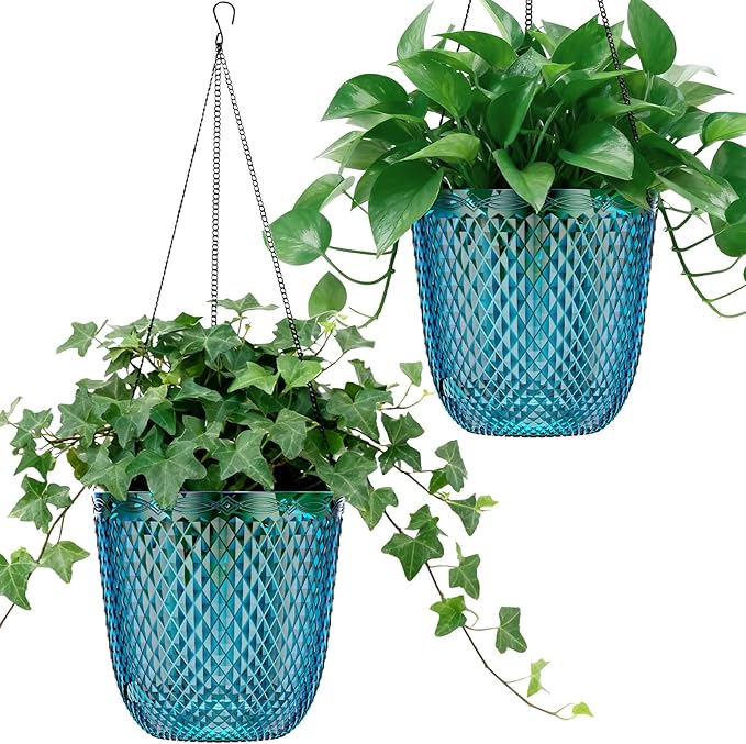 QCQHDU Self Watering Hanging Pots, 2 Pack 7.2 Inch Hanging Planters for Plants Indoor, Outdoor Flower Pots with Drainage Holes and 3 Hooks Chains for Garden Home (Klein Blue)