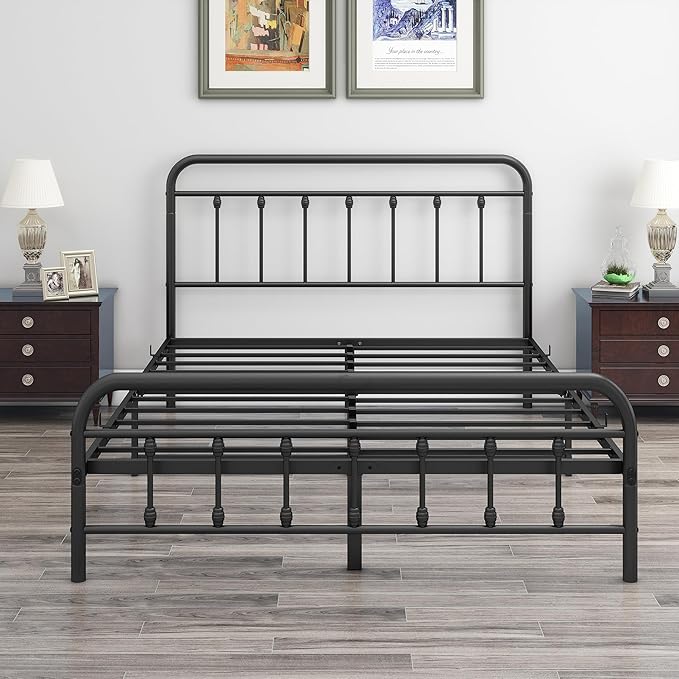 DUMEE Metal Queen Bed Frame with Headboard and Footboard Farmhouse Platform Bed Frame Queen Size Under Bed Storage No Box Spring Needed, Textured Black