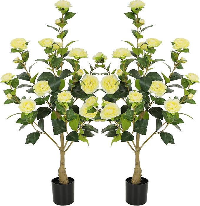 Nafresh 3FT Lush Artificial Yellow Camellia Tree Outdoor 2 Pack, 36inch Faux Camellia Plant, Fake Camellia Flowers Tree for Indoor Outdoor Living Room Home Patio Front Door Garden Decor