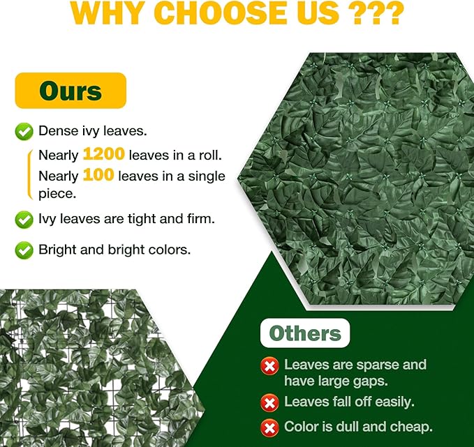 Artificial Ivy Privacy Fence Screen, 240x40 inch Dense Leaf Green Ivy Wall Panel, Super Privacy Greenery Backdrop Faux Ivy Greenery for Patio, Balcony, Garden, Backyard Indoor Outdoor Decor