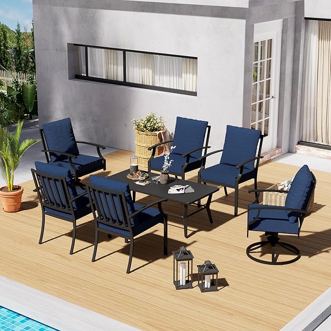 7-Piece Patio Conversation Set, Patio Furniture Set with 4 Stationary & 2 Swivel Chairs with Thick Cushions & a Rectangular All-Iron Coffee Table, Metal Patio Seating Set for lawns, Patio,Navy blue