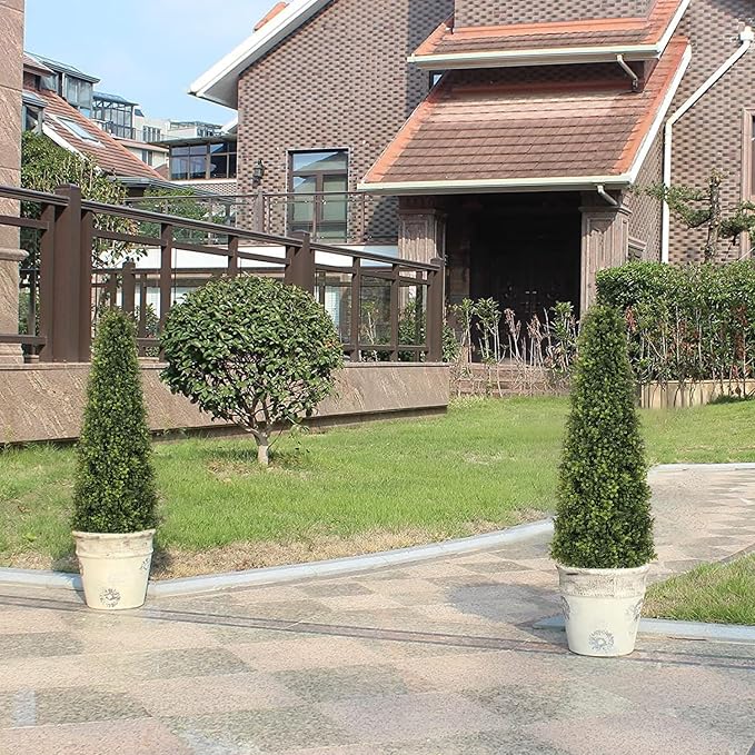 Azoco 4ft Artificial Boxwood Topiary Trees (Set of 2) - UV Resistant Faux Plants Outdoor, Realistic 48in Fake Potted Bushes and Shrubs for Front Porch, Planter, Patio - Low Maintenance & Evergreen