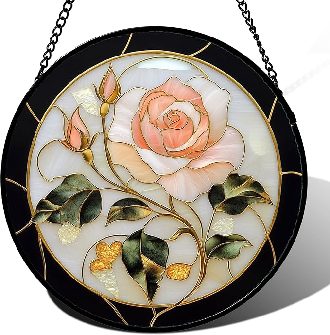 AMDERVEN Stained Glass Window Hanging - Black White Pink Rose Sun Catcher for Door Home Decor Flower Suncatcher Christmas Mother's Day Birthday Gifts for Women Men Lovers Mom Nana 15 in