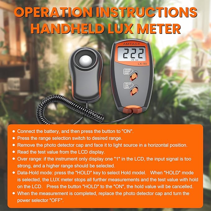 AMTAST Digital LUX Meter Digital Indicator UV Meter Light Meter with LCD Display Luxmeter for 0-100,000 Lux Range High Ambient Light Meter with Backlight (Model LX-90)